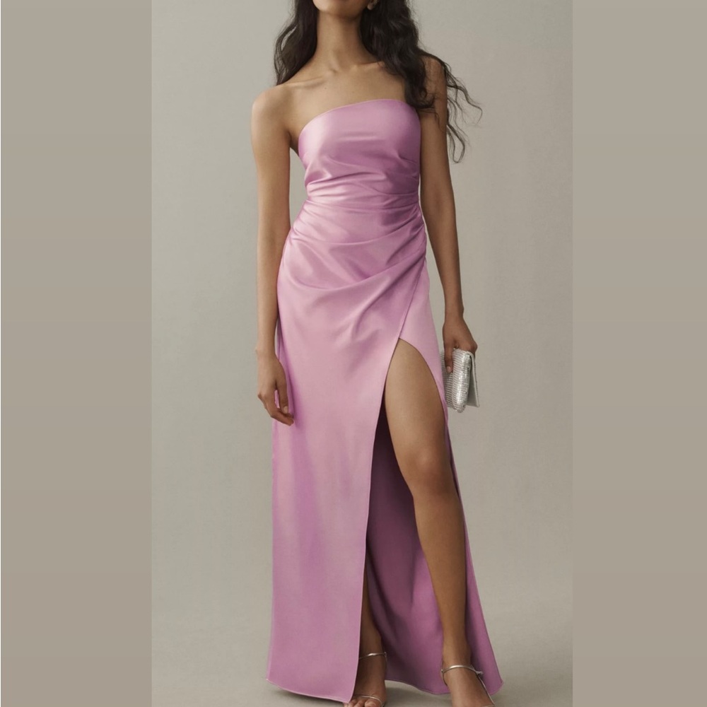 BHLDN DANIELLE STRAPLESS SIDE-SLIT STRETCH SATIN MAXI DRESS